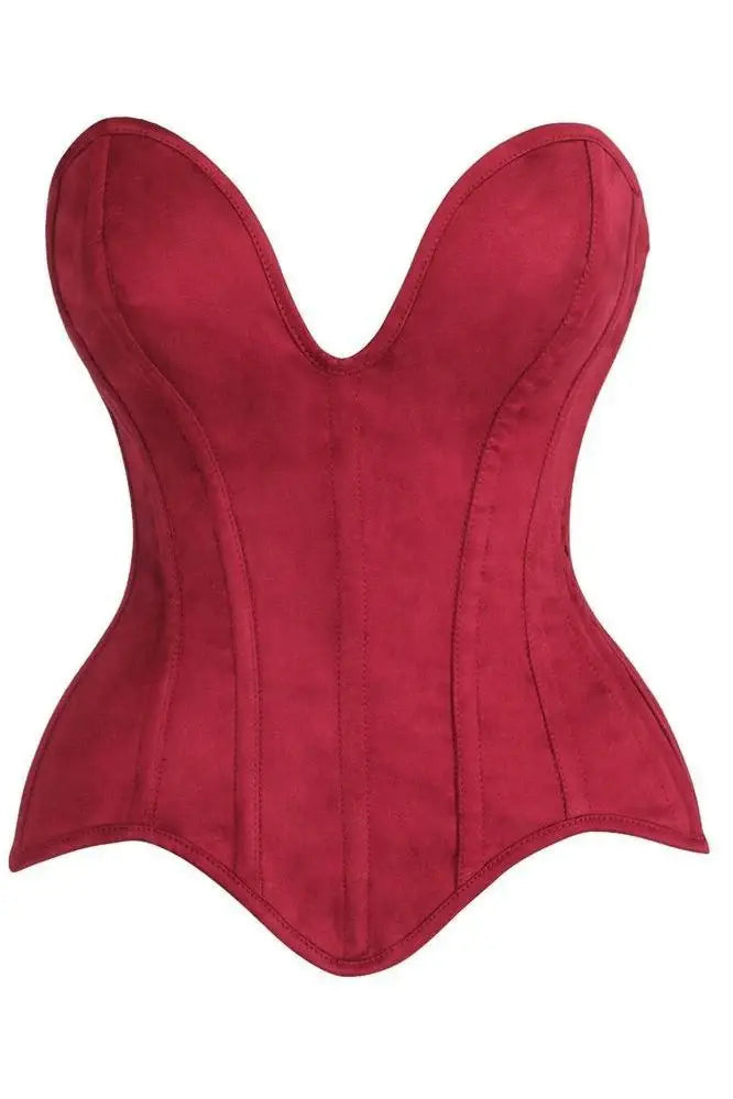 Top Drawer Steel Boned Red Suede Deep Plunge Overbust Corset Top - Daisy Corsets - Flyclothing LLC
