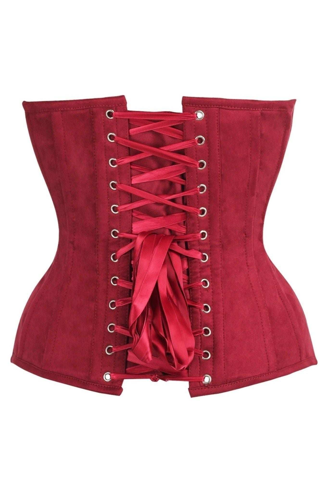 Daisy Corsets Top Drawer Steel Boned Red Suede Deep Plunge Overbust Corset Top - Daisy Corsets - Flyclothing LLC