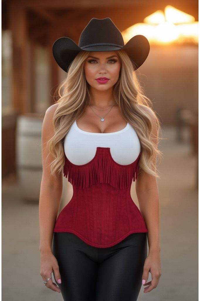 Daisy Corsets Top Drawer Steel Boned Red Suede Underwire Underbust Corset Cincher w/Fringe - Daisy Corsets