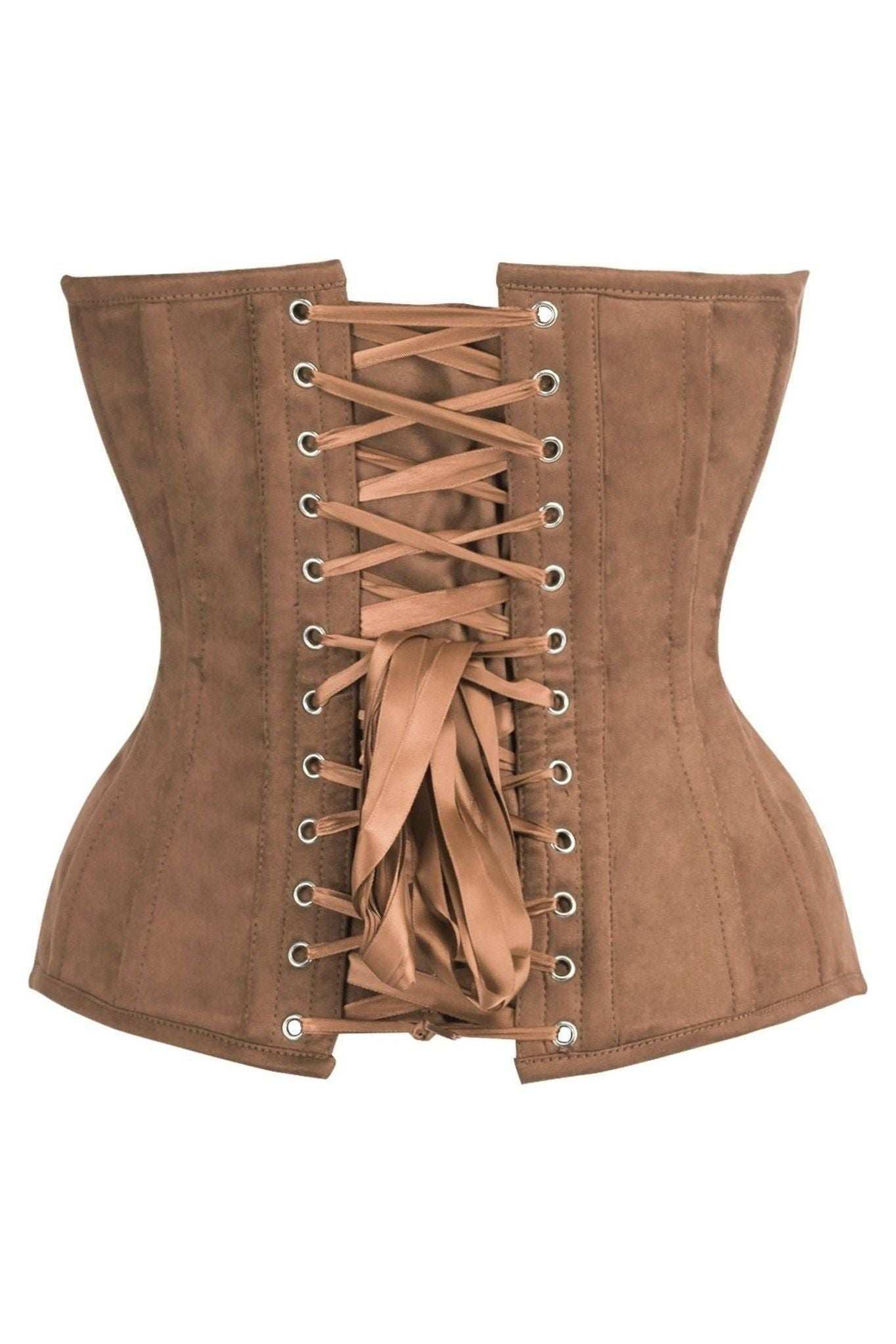 Daisy Corsets Top Drawer Steel Boned Tan Suede Deep Plunge Overbust Corset Top - Daisy Corsets - Flyclothing LLC