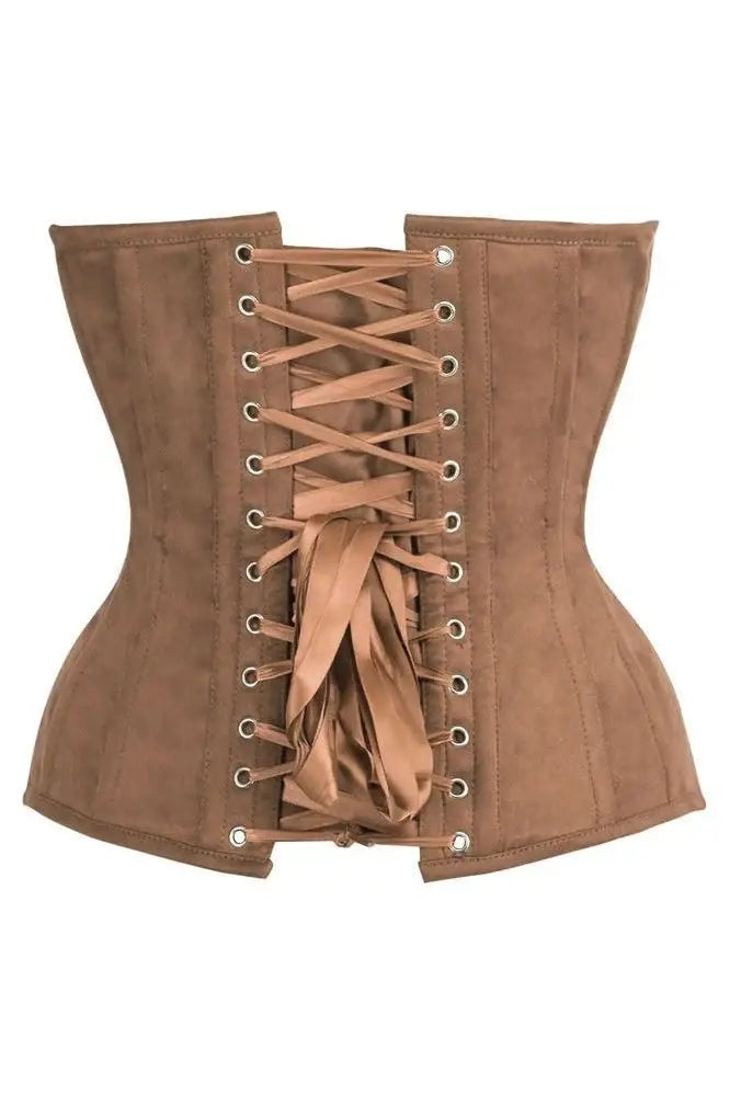 Top Drawer Steel Boned Tan Suede Deep Plunge Overbust Corset Top - Daisy Corsets - Flyclothing LLC