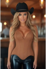 Top Drawer Steel Boned Tan Suede Deep Plunge Overbust Corset Top - Daisy Corsets - Flyclothing LLC
