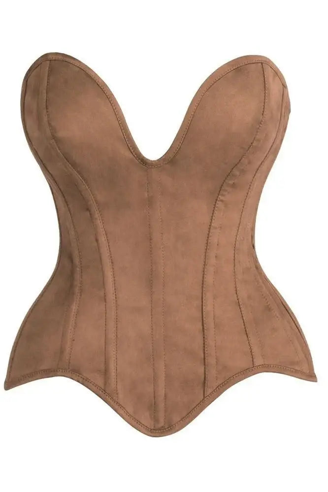 Top Drawer Steel Boned Tan Suede Deep Plunge Overbust Corset Top - Daisy Corsets - Flyclothing LLC