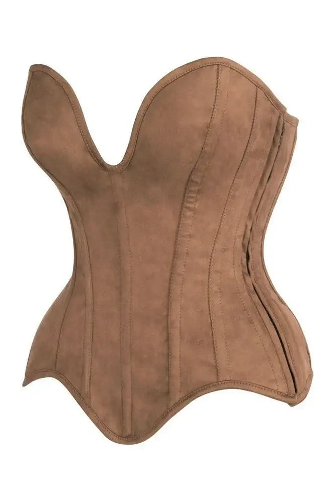 Top Drawer Steel Boned Tan Suede Deep Plunge Overbust Corset Top - Daisy Corsets - Flyclothing LLC