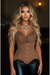 Daisy Corsets Top Drawer Tan Suede Steel Boned Overbust Corset w/Fringe - Daisy Corsets