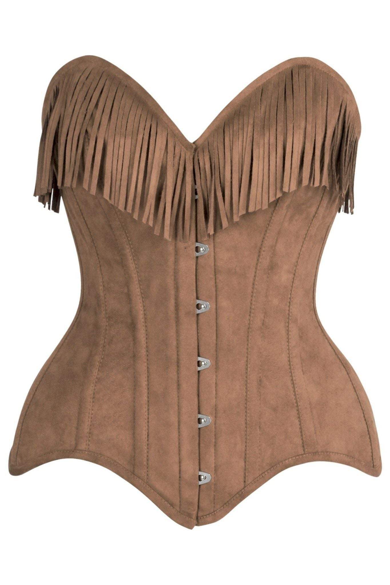 Daisy Corsets Top Drawer Tan Suede Steel Boned Overbust Corset w/Fringe - Daisy Corsets