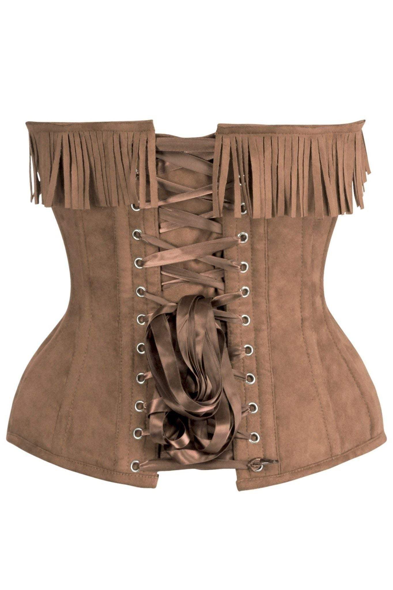 Daisy Corsets Top Drawer Tan Suede Steel Boned Overbust Corset w/Fringe - Daisy Corsets
