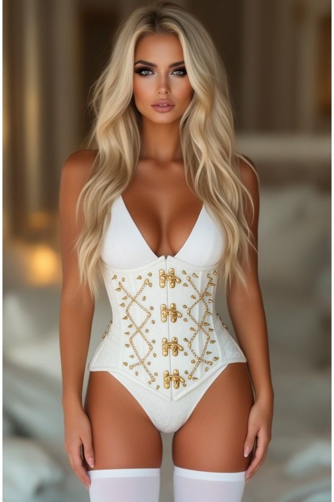 Daisy Corsets Top Drawer White Brocade & Gold Spikes Steel Boned Underbust Corset - Daisy Corsets - Flyclothing LLC