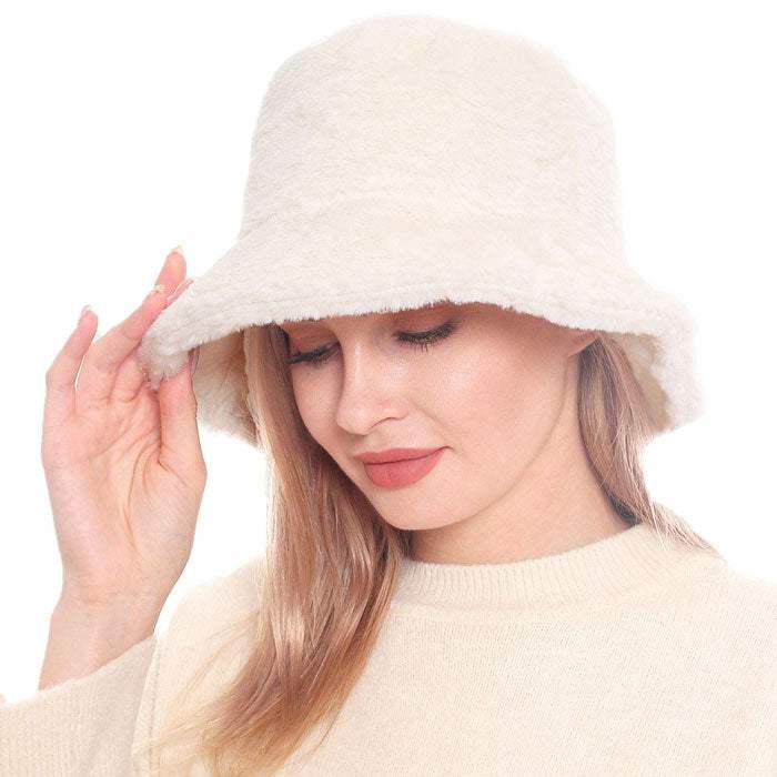 Trendy & Fashionable Winter Faux Fur Solid Bucket Hat - Madeline Love - Flyclothing LLC