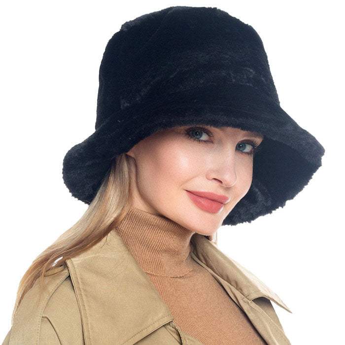 Trendy & Fashionable Winter Faux Fur Solid Bucket Hat - Madeline Love - Flyclothing LLC