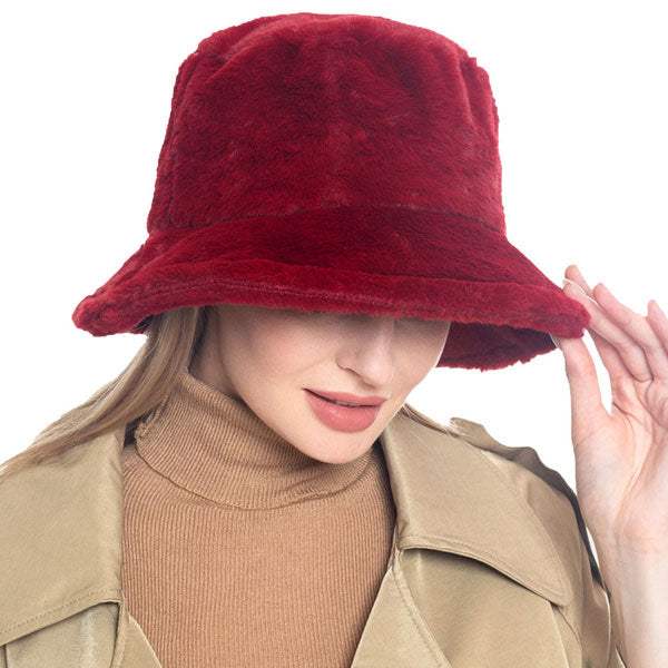 Trendy & Fashionable Winter Faux Fur Solid Bucket Hat - Madeline Love - Flyclothing LLC