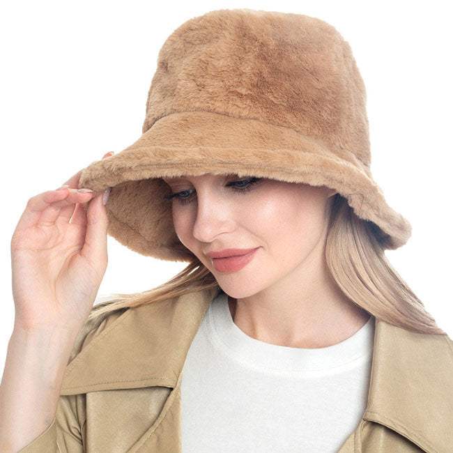 Trendy & Fashionable Winter Faux Fur Solid Bucket Hat - Madeline Love - Flyclothing LLC
