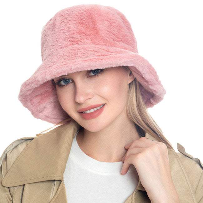 Trendy & Fashionable Winter Faux Fur Solid Bucket Hat - Madeline Love - Flyclothing LLC
