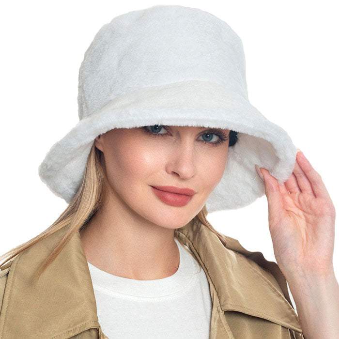 Trendy & Fashionable Winter Faux Fur Solid Bucket Hat - Madeline Love - Flyclothing LLC