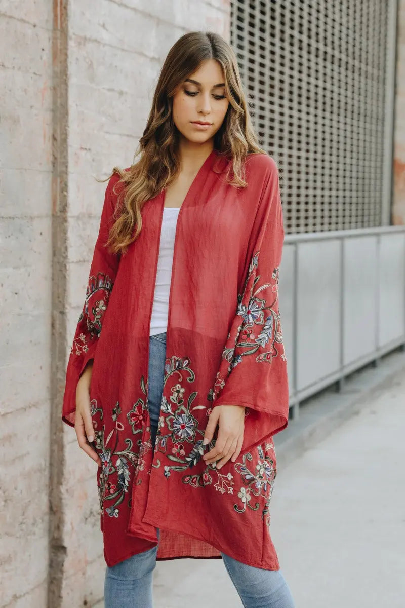 Long Sheer Floral Kimono – Graceful and Lightweight - Boho Clothing and Accessories - Flyclothing LLC