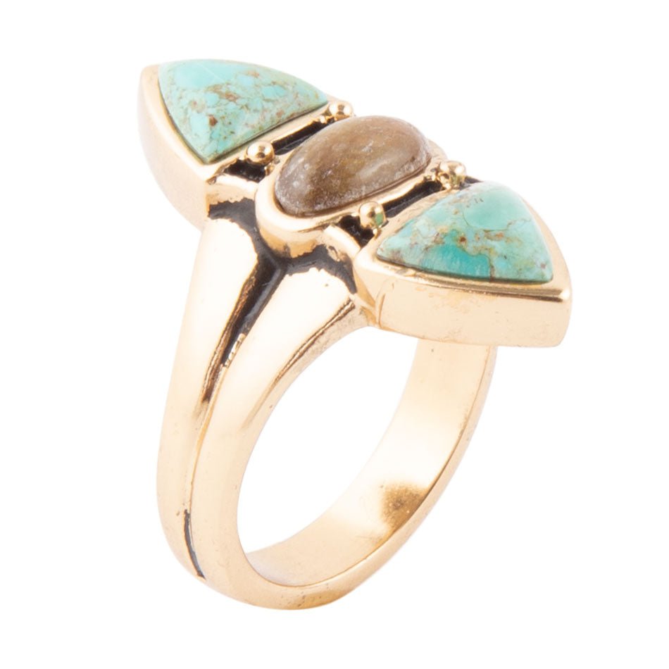 Tri-Stone Blue Turquoise and Grey Labradorite Golden Ring - Barse Jewelry