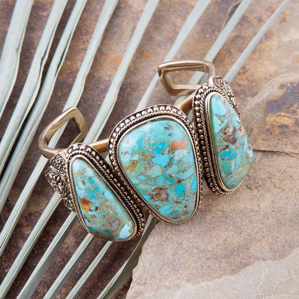 Trio Blue Turquoise Golden Cuff Bracelet - Barse Jewelry - Flyclothing LLC