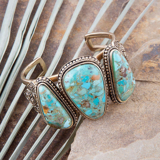 Trio Blue Turquoise Golden Cuff Bracelet - Barse Jewelry - Flyclothing LLC
