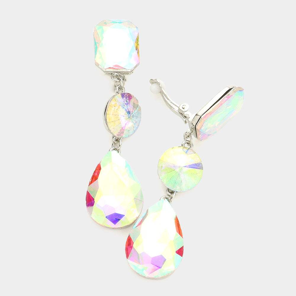 Triple Glass Crystal Drop Clip On Earrings - Madeline Love - Flyclothing LLC