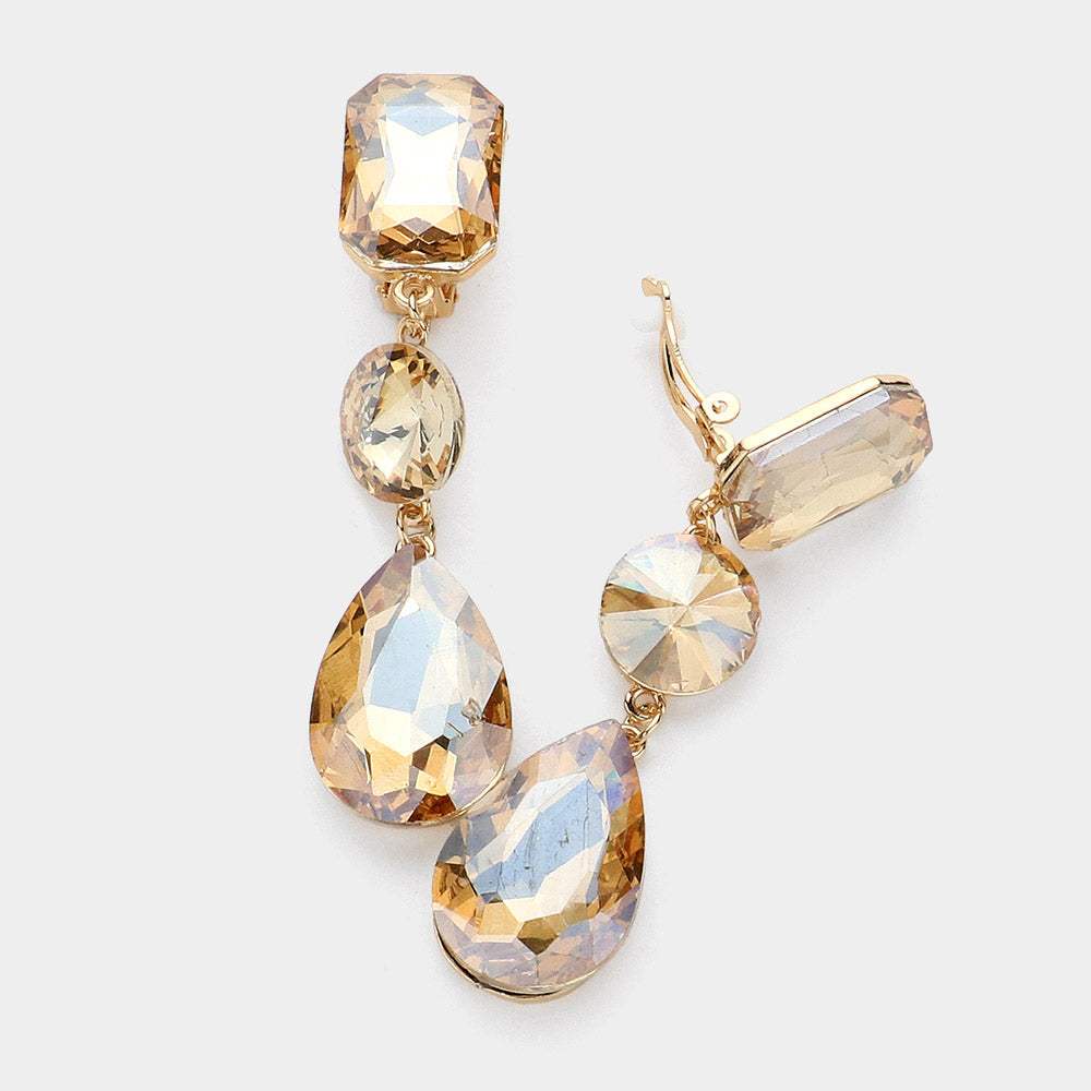Triple Glass Crystal Drop Clip On Earrings - Madeline Love - Flyclothing LLC