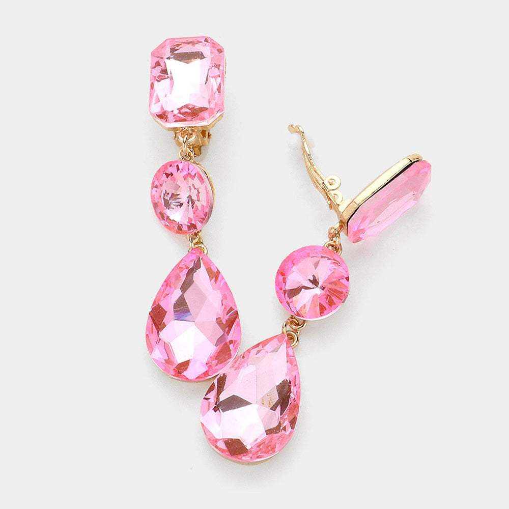 Triple Glass Crystal Drop Clip On Earrings - Madeline Love - Flyclothing LLC