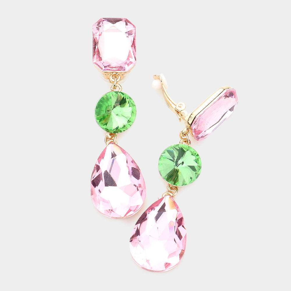 Triple Glass Crystal Drop Clip On Earrings - Madeline Love - Flyclothing LLC