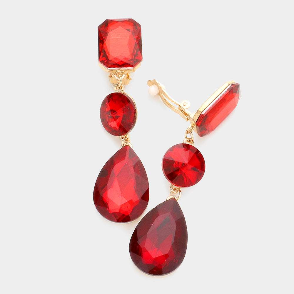 Triple Glass Crystal Drop Clip On Earrings - Madeline Love - Flyclothing LLC