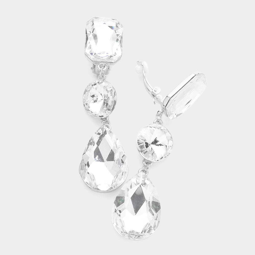 Triple Glass Crystal Drop Clip On Earrings - Madeline Love - Flyclothing LLC