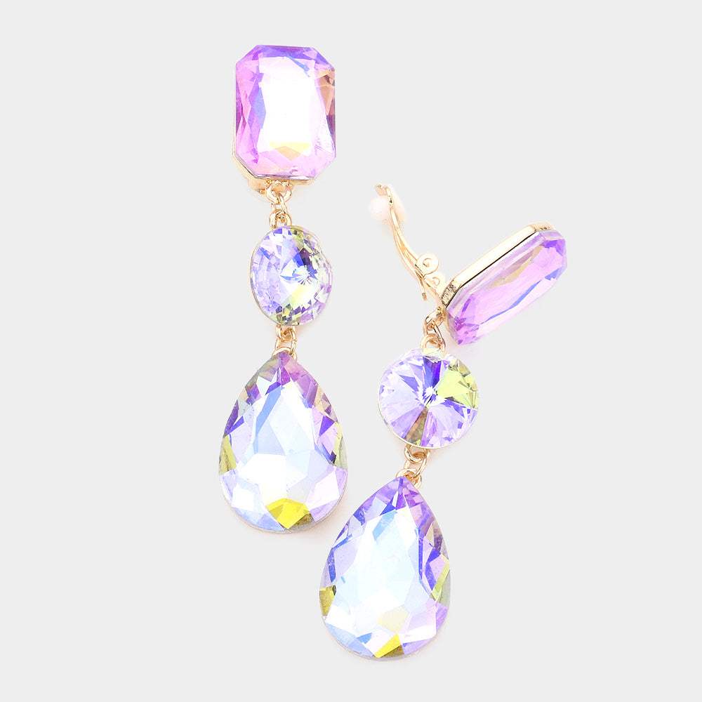Triple Glass Crystal Drop Clip On Earrings - Madeline Love - Flyclothing LLC