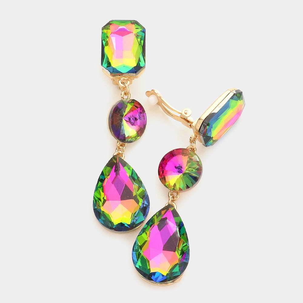 Triple Glass Crystal Drop Clip On Earrings - Madeline Love - Flyclothing LLC