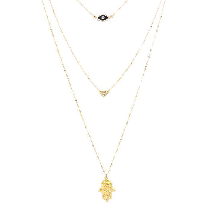 Triple Layered Crystal Evil Eye Hamsa Hand Pendant Necklace - Madeline Love - Flyclothing LLC