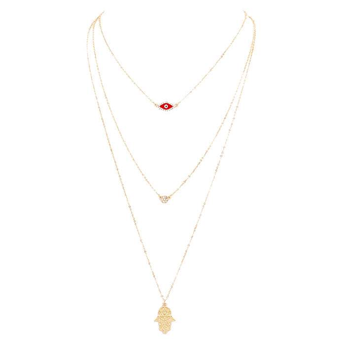 Triple Layered Crystal Evil Eye Hamsa Hand Pendant Necklace - Madeline Love - Flyclothing LLC