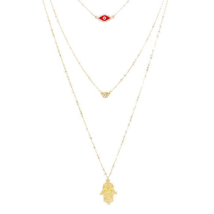 Triple Layered Crystal Evil Eye Hamsa Hand Pendant Necklace - Madeline Love - Flyclothing LLC