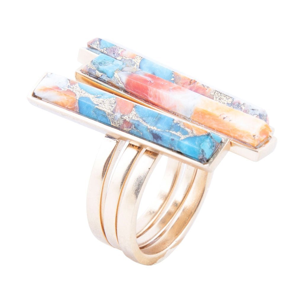 Triple Threat Blue Turquoise Orange Spiny Oyster Matrix Golden Ring Set - Barse Jewelry