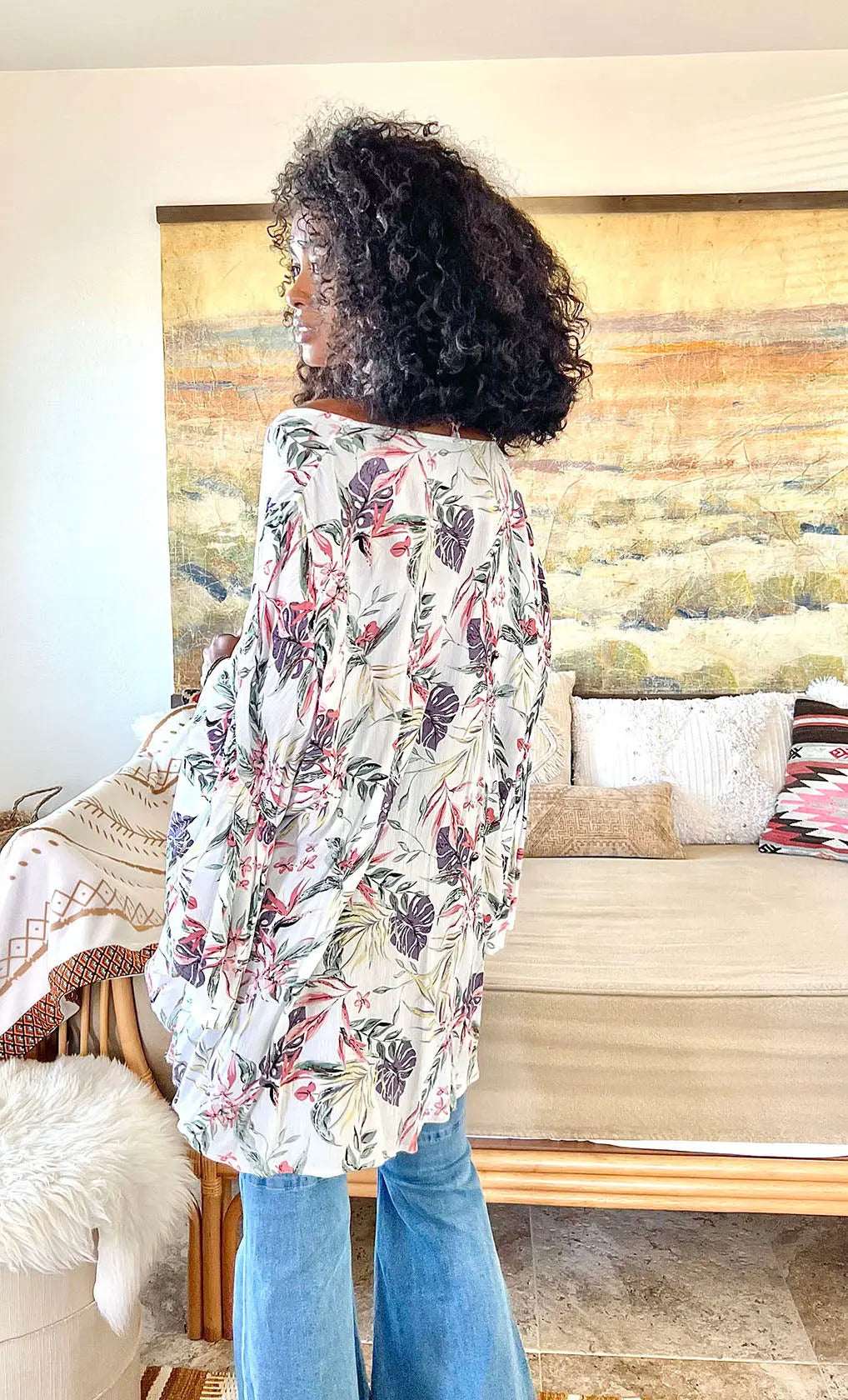Tropical Leaves Draped Sleeve Kimono - Boho Clothing and Accessories - Flyclothing LLC