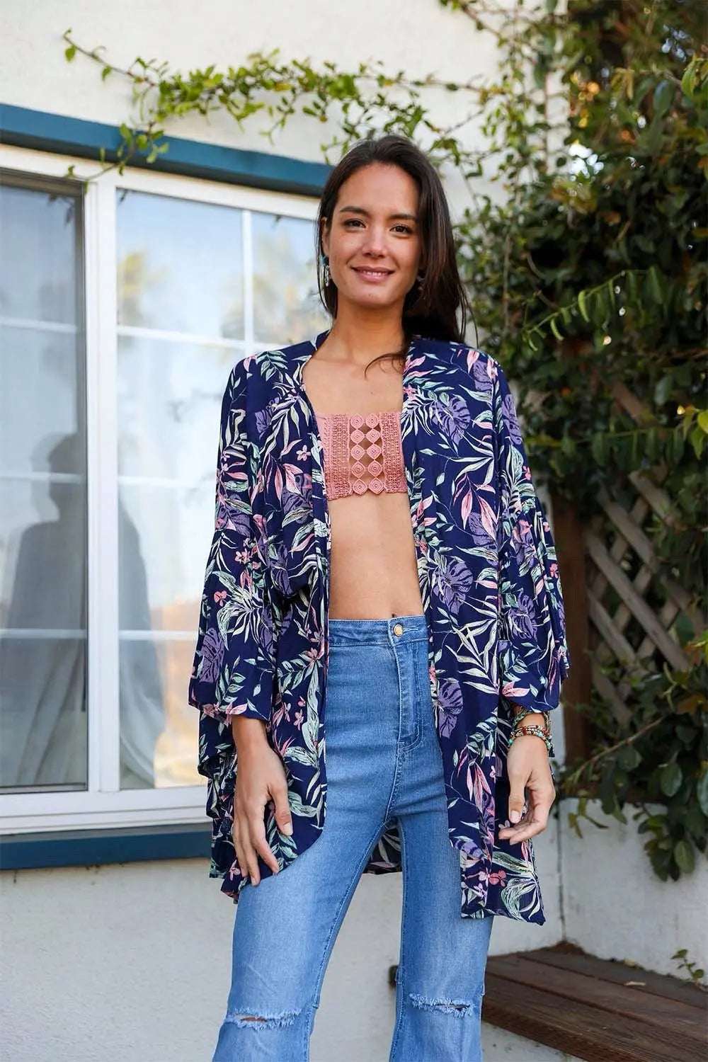 Tropical Leaves Draped Sleeve Kimono - Boho Clothing and Accessories - Flyclothing LLC