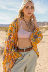 Tropical Leaves Draped Sleeve Kimono - Boho Clothing and Accessories - Flyclothing LLC
