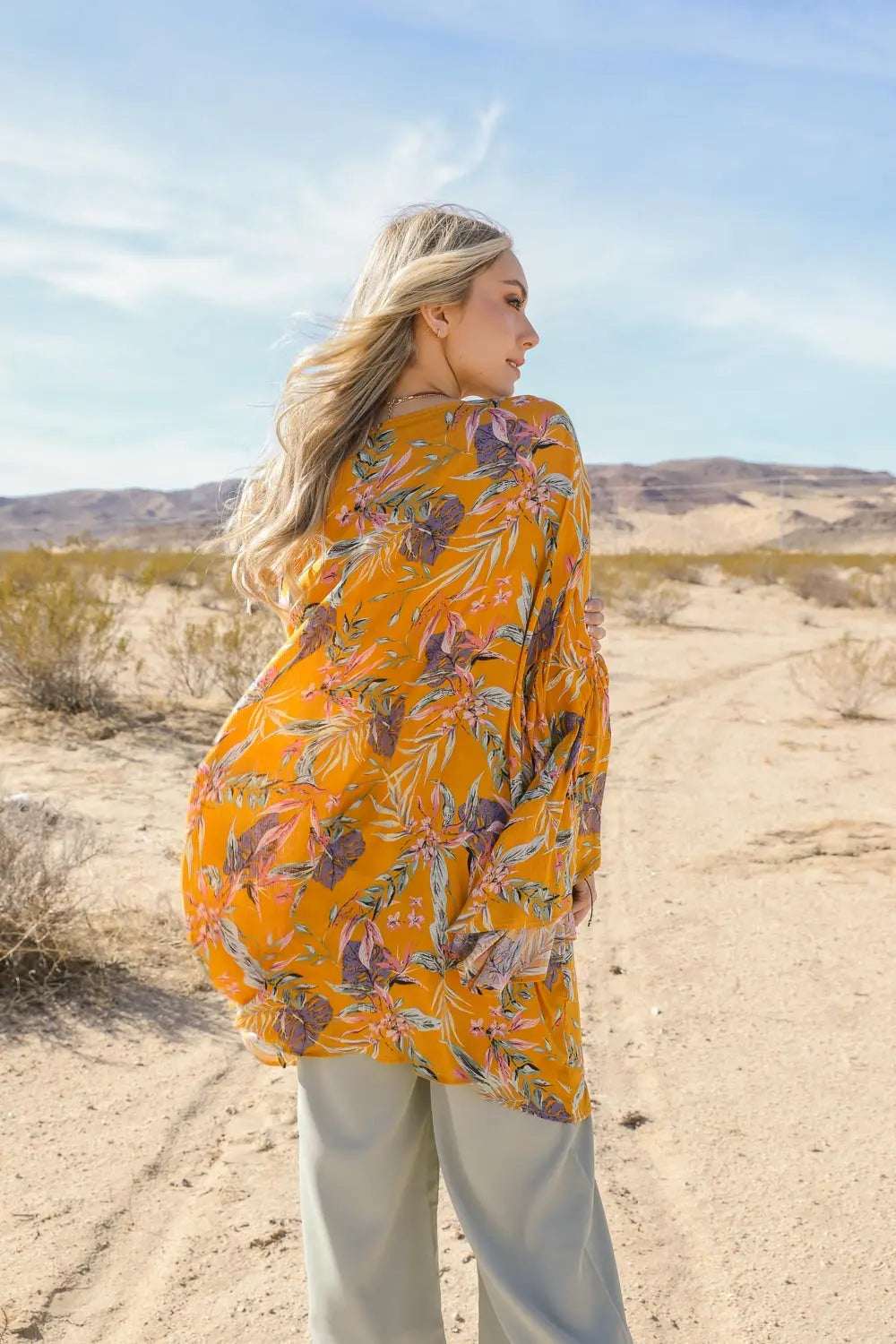 Tropical Leaves Draped Sleeve Kimono - Boho Clothing and Accessories - Flyclothing LLC