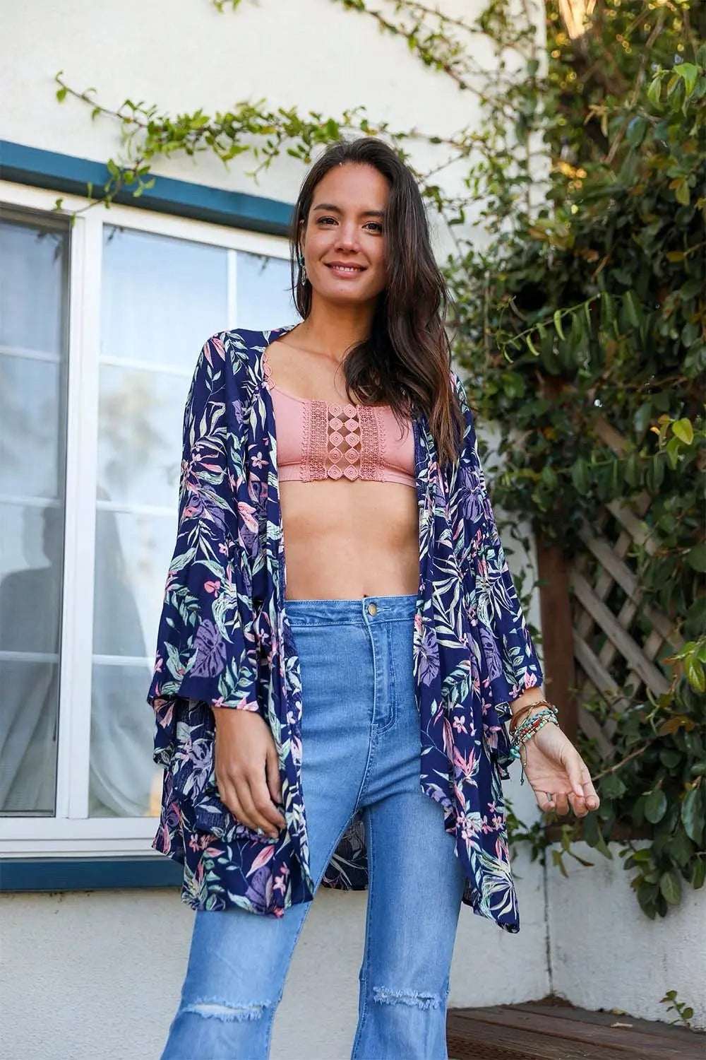 Tropical Leaves Draped Sleeve Kimono - Boho Clothing and Accessories - Flyclothing LLC