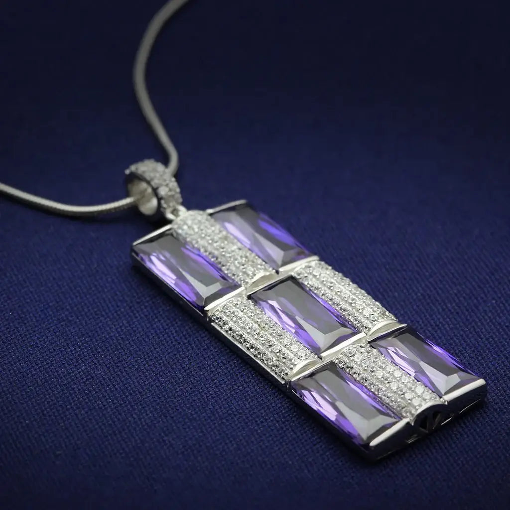 TS026 - Rhodium 925 Sterling Silver Chain Pendant with AAA Grade CZ in Amethyst - Alamode - Flyclothing LLC