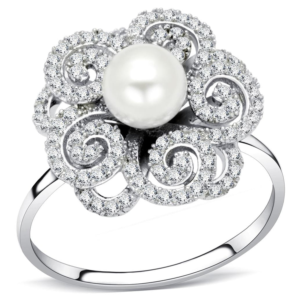 TS070 - Rhodium 925 Sterling Silver Ring with Synthetic Pearl in White - Alamode
