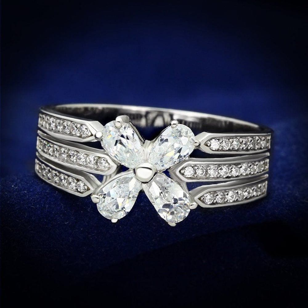 TS092 - Rhodium 925 Sterling Silver Ring with AAA Grade CZ  in Clear - Alamode