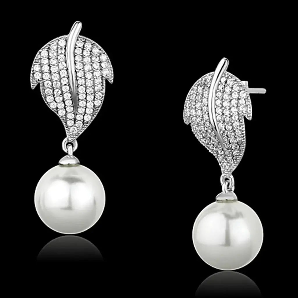 TS166 - Rhodium 925 Sterling Silver Earrings with Synthetic Pearl in White - Alamode - Flyclothing LLC