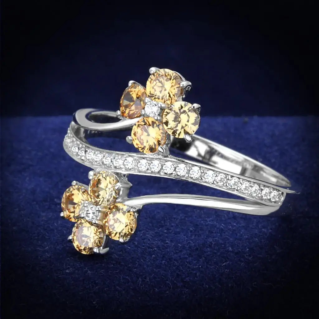 TS181 - Rhodium 925 Sterling Silver Ring with AAA Grade CZ in Champagne - Alamode - Flyclothing LLC