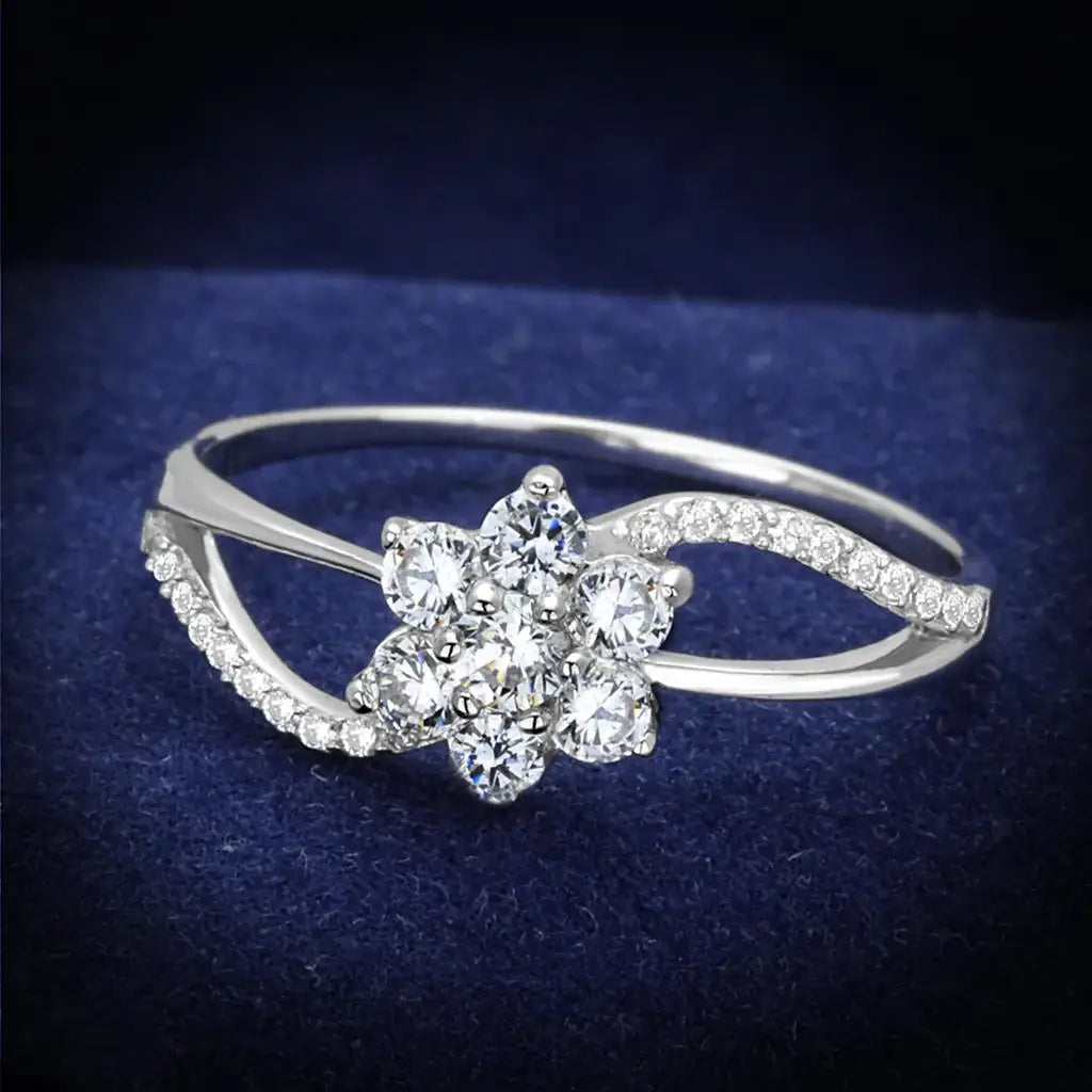 TS182 - Rhodium 925 Sterling Silver Ring with AAA Grade CZ in Clear - Alamode - Flyclothing LLC