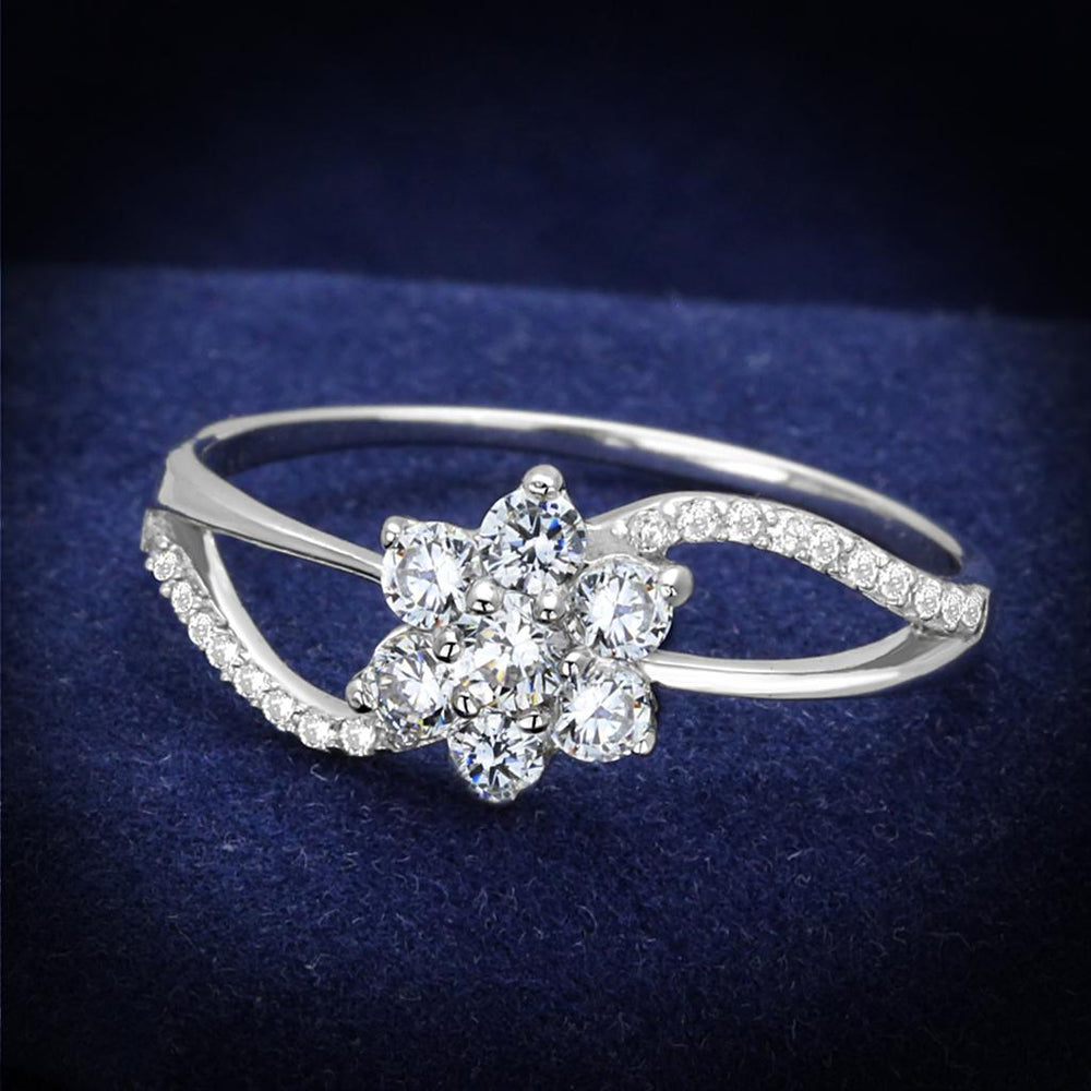 TS182 - Rhodium 925 Sterling Silver Ring with AAA Grade CZ  in Clear - Alamode