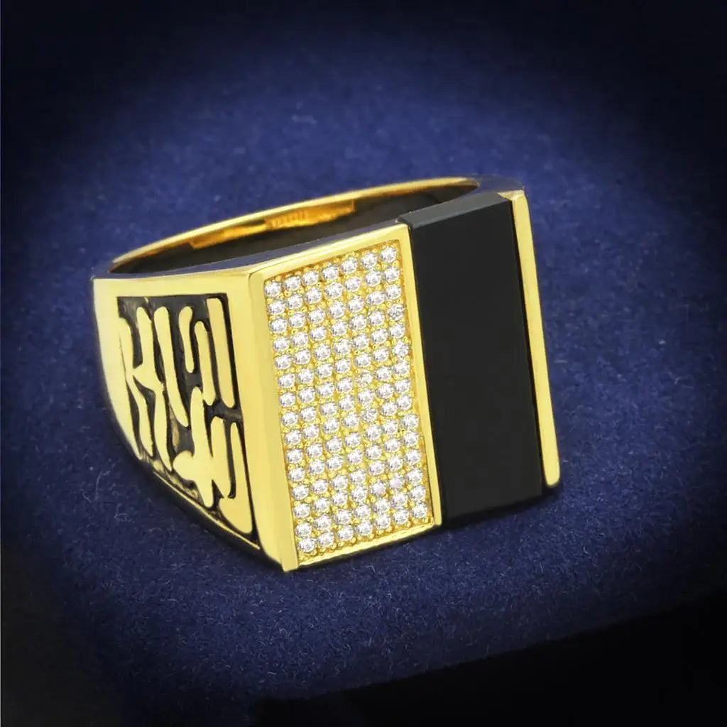 TS236 - Gold 925 Sterling Silver Ring with Semi-Precious Onyx in Jet - Alamode - Flyclothing LLC