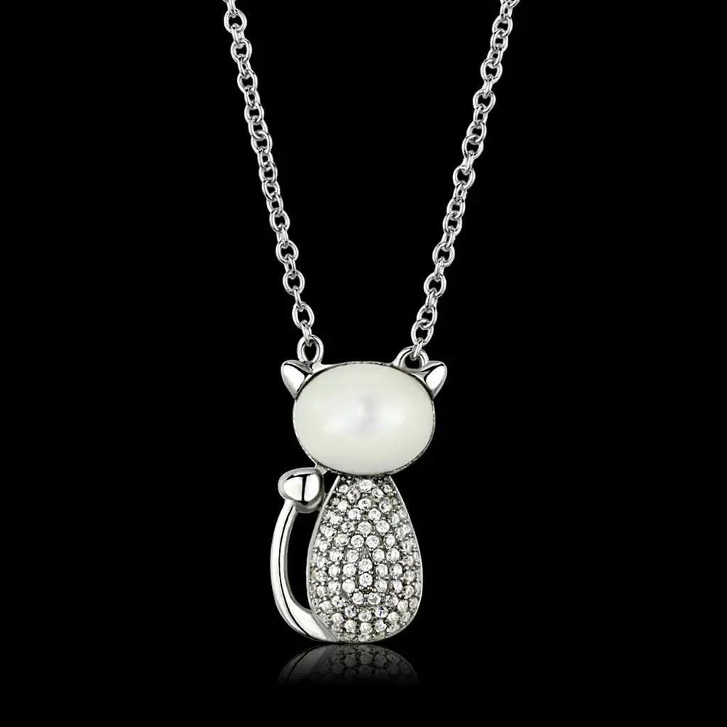 TS410 - Rhodium 925 Sterling Silver Chain Pendant with Synthetic Synthetic Glass in Clear - Alamode - Flyclothing LLC