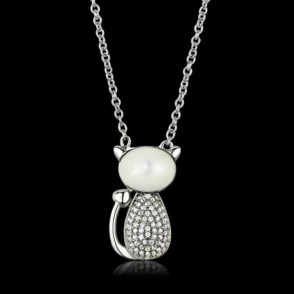 TS410 - Rhodium 925 Sterling Silver Chain Pendant with Synthetic Synthetic Glass in Clear - Alamode