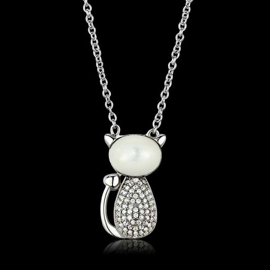 TS410 - Rhodium 925 Sterling Silver Chain Pendant with Synthetic Synthetic Glass in Clear - Alamode - Flyclothing LLC